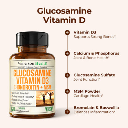 Glucosamine Chondroitin with Vitamin D3 2000IU – FSA Eligible Joint Supplements for Men & Women – Joint Health, Hair Skin Nails, Bone Health & Comfort with MSM, Vit D, Bromelain & Boswellia – 120 Tabs