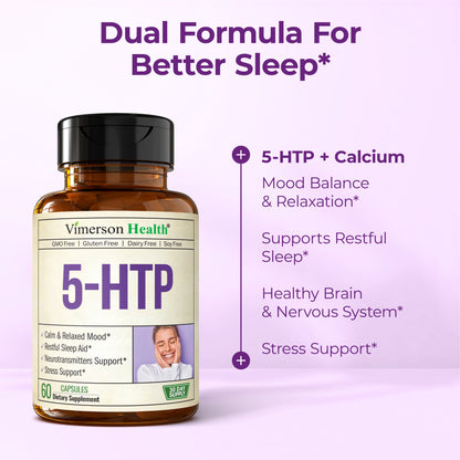5HTP Serotonin Supplements for Women & Men. Sleep Aid & Occasional Stress Support - 5 HTP Plus Supplement 200 mg with Calcium for Sleep, Calm Mood, & Neurotransmitter Support. 60 Capsules made in USA