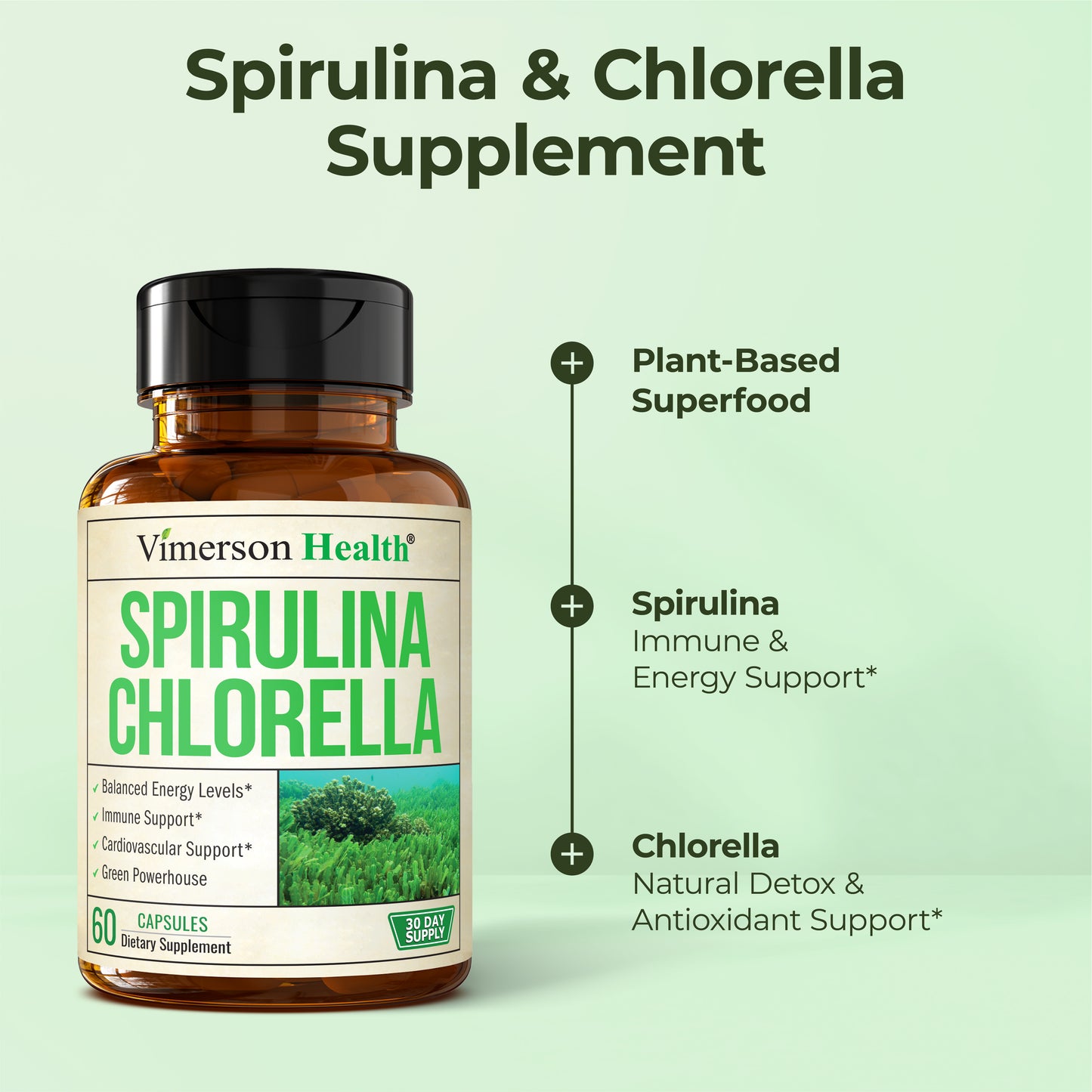 Organic Spirulina and Chlorella Capsules - Spirulina Capsules with Chlorella Powder for Immune, Antioxidant & Energy Support. Nutritious Super Green. Vegan & Non-GMO. Third Party Tested. 60 Caps