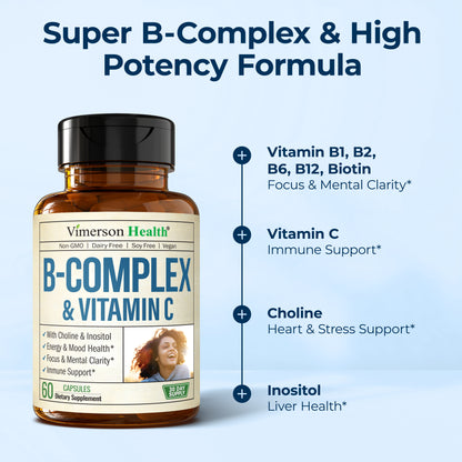 Vitamin B Complex with Vit C & Folic Acid (Folate) - 8 High Potency B Vitamins: B1, B2, B3, B5, B6, B7, Vitamin B12 + Biotin, Choline & Inositol. Aids Mood, Energy, Nervous System & Immune Support