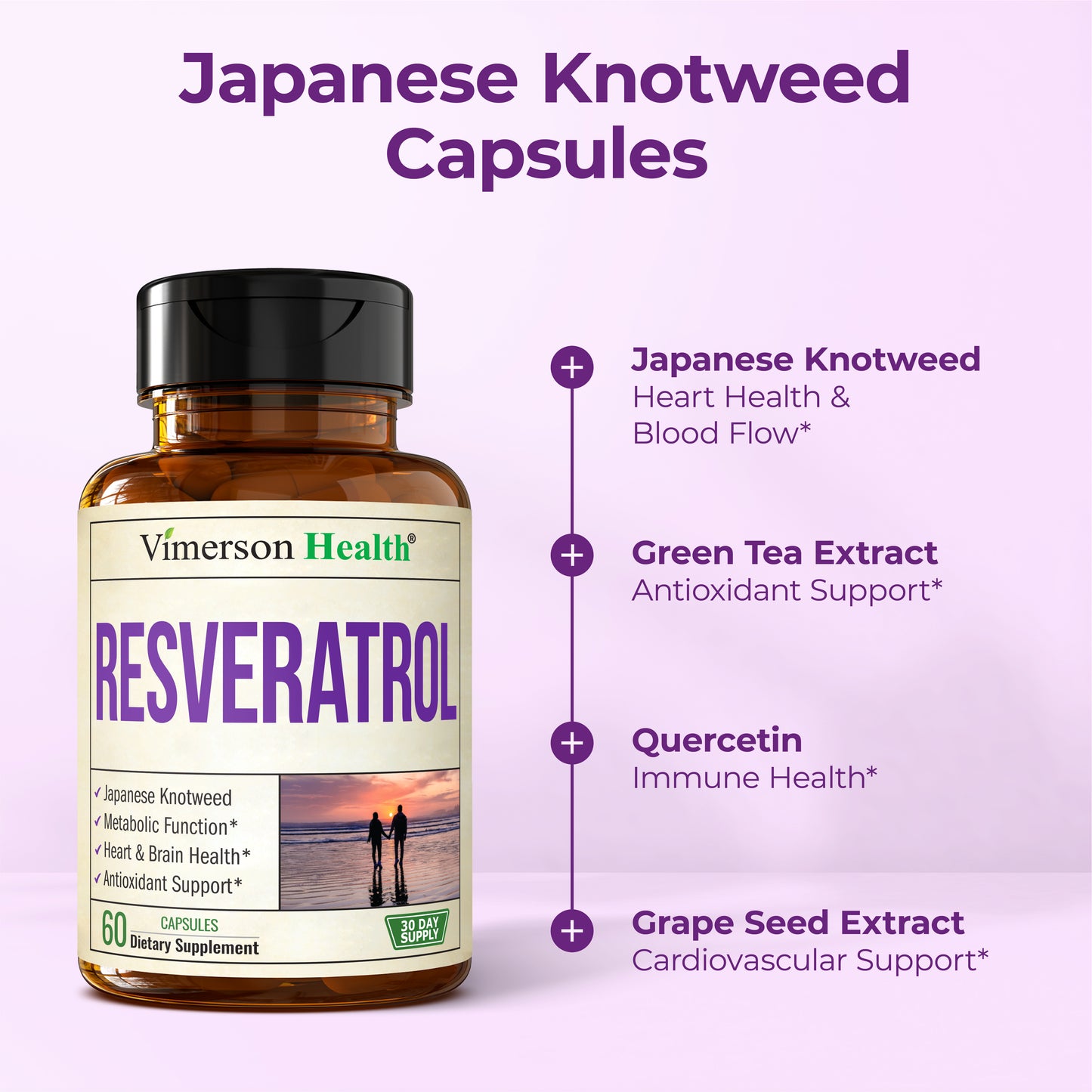 Japanese Knotweed Capsules - Resveratrol Supplement with 1000mg Japanese Knotweed, Green Tea Extract, Quercetin, Grape Extract. Potent Antioxidant for Healthy Aging & Cardiovascular Support. 60 Caps