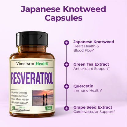 Japanese Knotweed Capsules - Resveratrol Supplement with 1000mg Japanese Knotweed, Green Tea Extract, Quercetin, Grape Extract. Potent Antioxidant for Healthy Aging & Cardiovascular Support. 60 Caps
