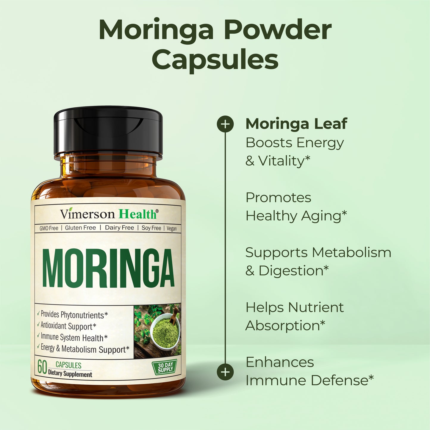 Moringa Capsules with 100% Pure Moringa Powder for Balanced Energy, Healthy Metabolism, Antioxidant & Immune Support. Nutrient-Dense Superfood Vitamins. Vegan. Non-GMO. Third Party Tested. 60 Capsules
