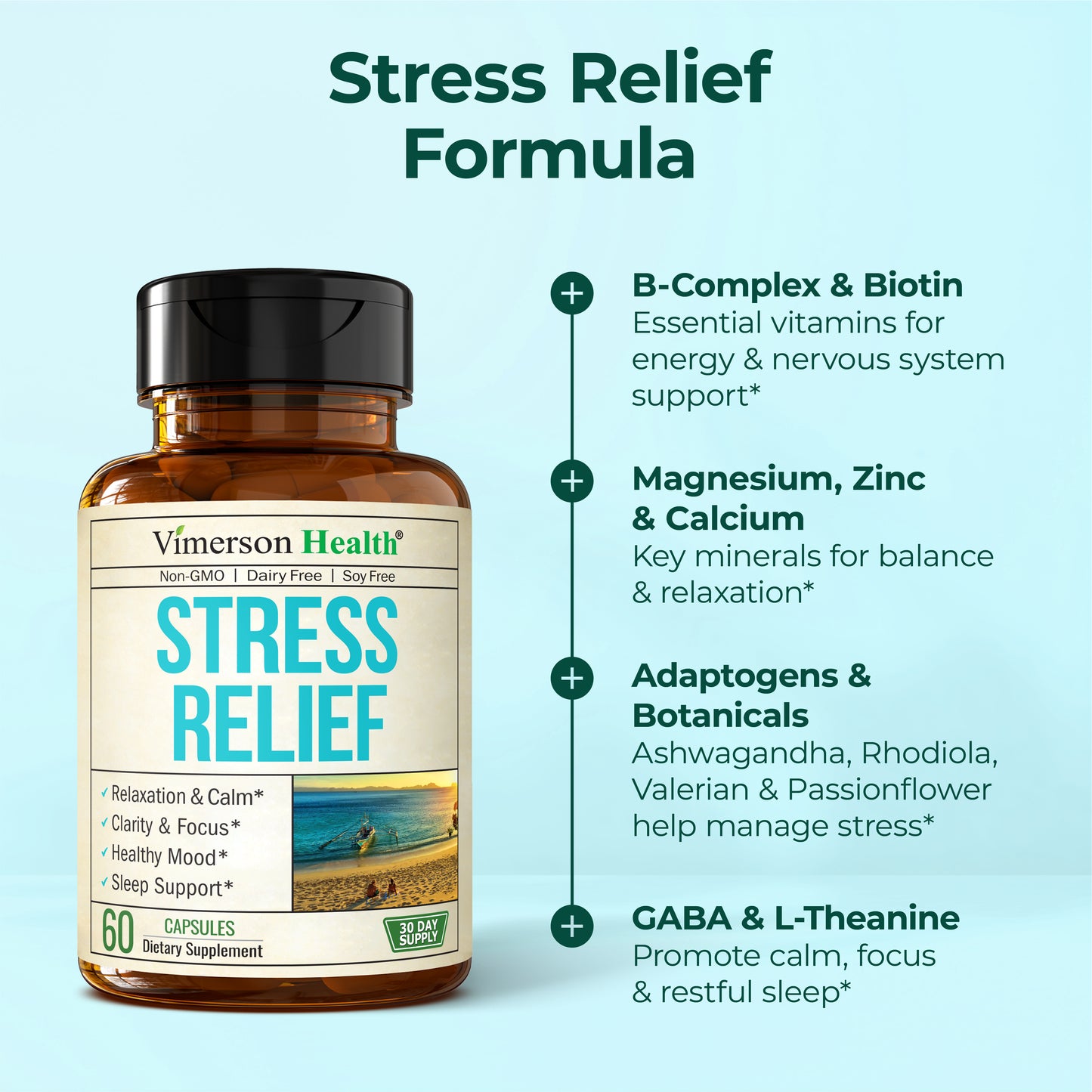 Stress Relief Supplement with 5HTP, Ashwagandha, Valerian, St John’s Wort, GABA, Chamomile & B-Vitamins - Promotes Relaxation, Sleep, Calm & Balanced Mood, Energy & Focus. Vegan, Non-GMO, 60 Capsules