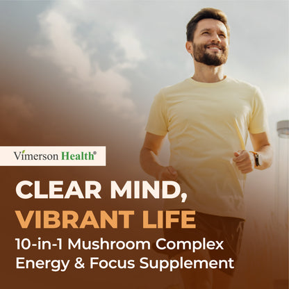 Mushroom 10x Complex with Lions Mane Extract, Turkey Tail, Cordyceps, Reishi, Shiitake, Chaga & Maitake for Cognitive Support – Vegan Mushroom Supplement Blend for Natural Energy & Focus – 60 Capsules