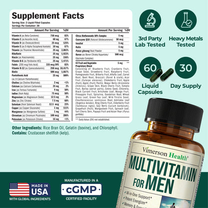 Multivitamin for Men – Essential Mens Multivitamins & Multiminerals 60 Liquid Capsules with Vitamin B12, A, D, C, Zinc, Magnesium & More for Total Body Wellness – 29 Key Nutrients & Vitamins for Men