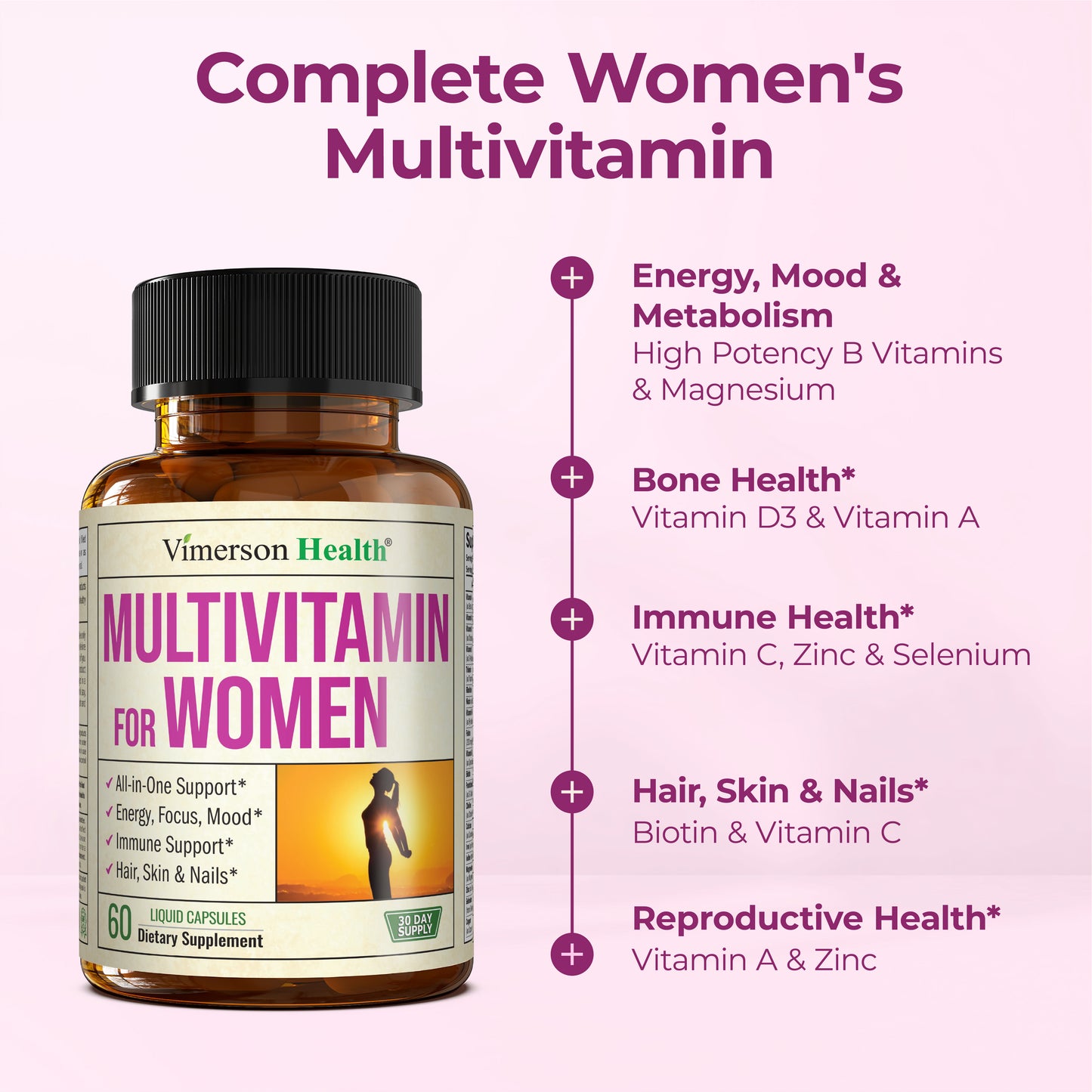 Multivitamin for Women with Bioavailable Vitamins, Minerals, Vitamin D, B12, C, A & Zinc for Energy, Focus and Immune Health – Premium Womens Multivitamins & Multiminerals – 60 Liquid Caps