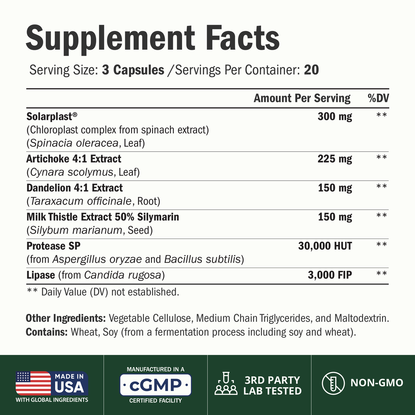 Liver Support with Artichoke Extract, Enzymes, Silymarin 50% Milk Thistle, Dandelion Root, Lipase & Protease, Solarplast® Antioxidants – Supports Detox, Digestion & Energy. 60 Capsules, 20 Day Supply