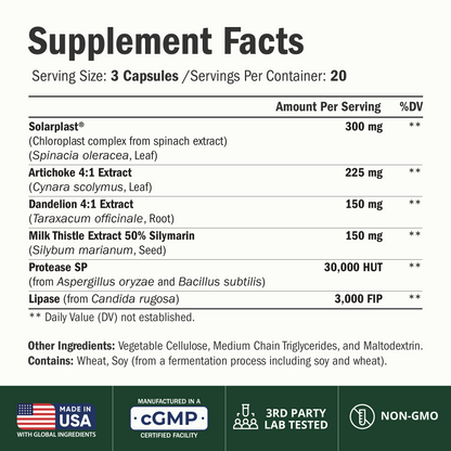 Liver Support with Artichoke Extract, Enzymes, Silymarin 50% Milk Thistle, Dandelion Root, Lipase & Protease, Solarplast® Antioxidants – Supports Detox, Digestion & Energy. 60 Capsules, 20 Day Supply