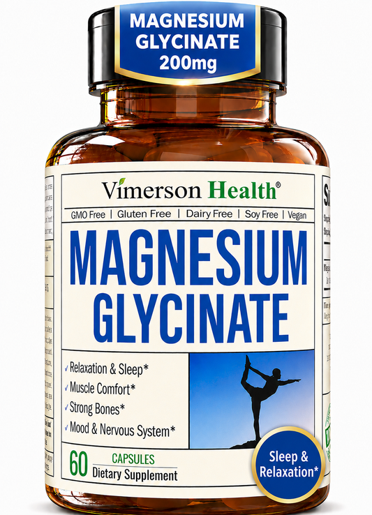 Vimerson Health Magnesium Glycinate 200mg for Sleep, Relaxation & Muscle Support – Chelated, Bioavailable, Vegan and Gentle on Stomach – 60 Capsules