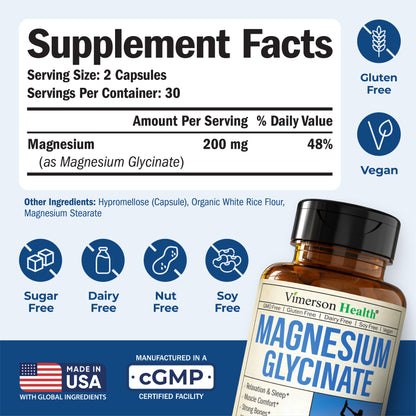 Pure Magnesium Glycinate 200mg (Glicinato de Magnesio) – Chelated Magnesium Supplement for Sleep, Relaxation, Muscle & Women’s Wellness – Better Absorbed Than Citrate or Oxide – 60 Vegan Capsules