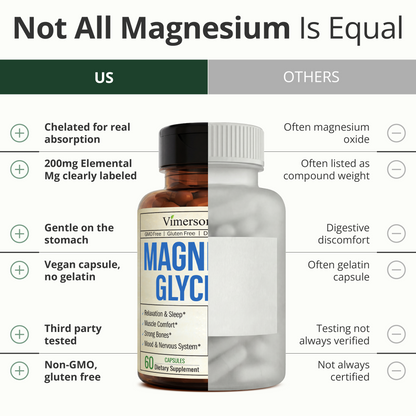 Vimerson Health Magnesium Glycinate 200mg for Sleep, Relaxation & Muscle Support – Chelated, Bioavailable, Vegan and Gentle on Stomach – 60 Capsules