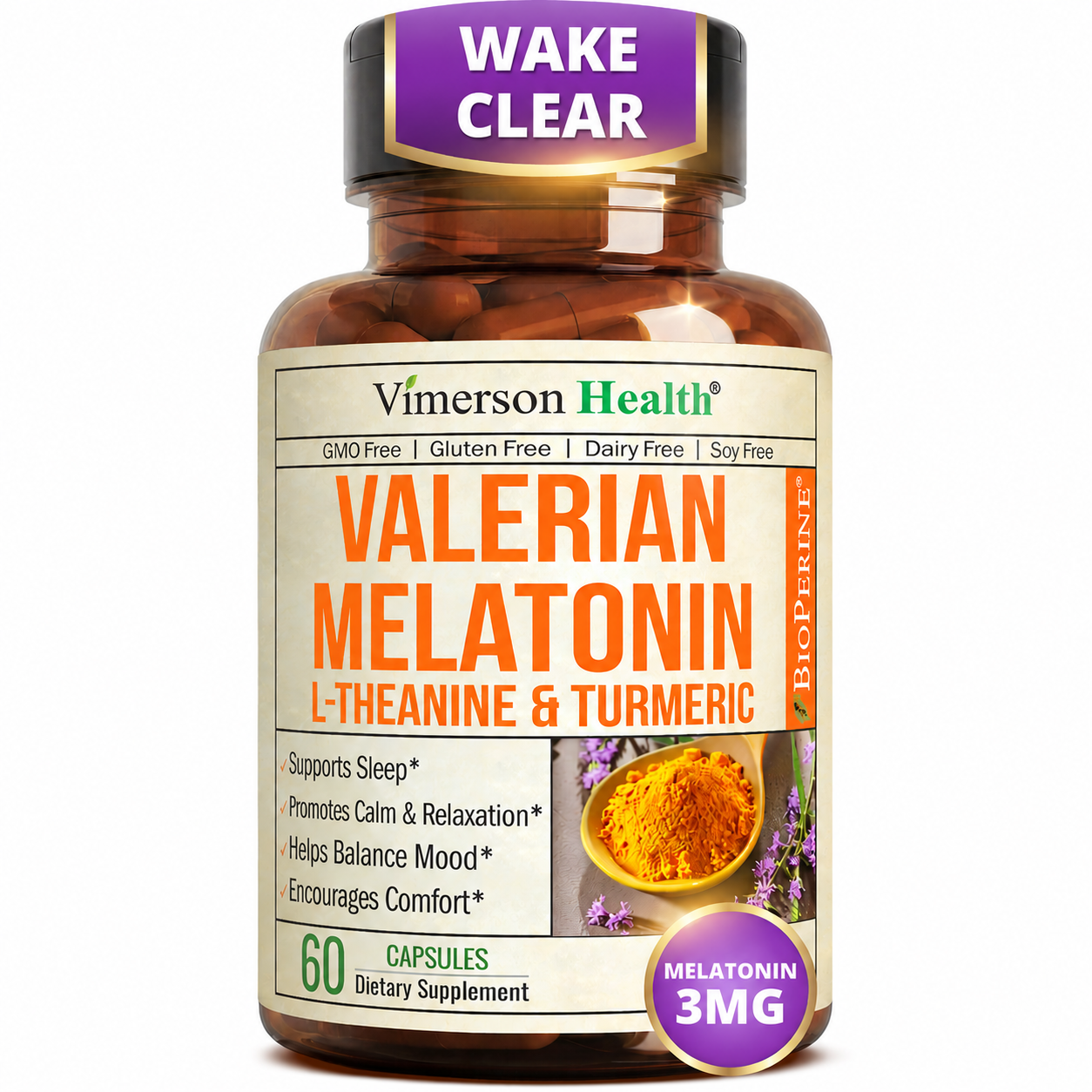 Melatonin 3mg + Valerian Root for Sleep, Daily Calm & Stress Relief Support – Natural Sleep Aid: Organic Turmeric Melatonin Valerian Supplement with L-Theanine, Ginger & Black Pepper – 60 Capsules
