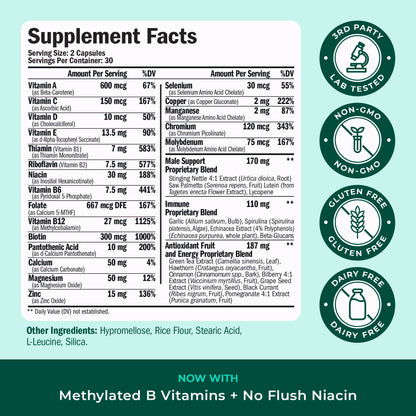 Methylated Multivitamin for Men with Bioavailable Vitamins, Chelated Minerals, Vitamin D, B12, C, A & Zinc for Energy, Focus and Immune Health – Premium Mens Multivitamins & Multiminerals – 60 Caps