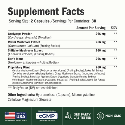 10X Mushroom Supplement w/ Lions Mane & Reishi – Cognitive Support – 60 Ct 1,330mg Functional Mushrooms: Reishi, Turkey Tail, Cordyceps, Shiitake, Chaga & Maitake for Immune & Energy - Gentle Formula