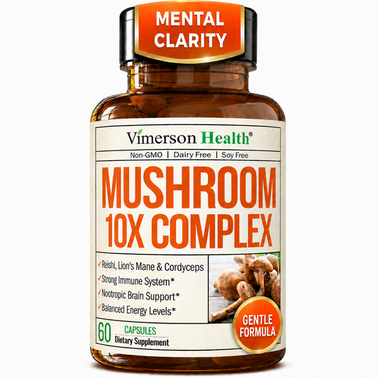 10X Mushroom Supplement w/ Lions Mane & Reishi – Cognitive Support – 60 Ct 1,330mg Functional Mushrooms: Reishi, Turkey Tail, Cordyceps, Shiitake, Chaga & Maitake for Immune & Energy - Gentle Formula