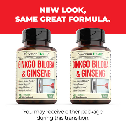 Asian Ginseng and Ginkgo Biloba Supplements – Panax Ginseng Extract 700mg + Ginko Biloba 720mg – Nootropic Brain Supplement for Memory, Focus & Sustained Energy – 60 Easy-to-Swallow Capsules