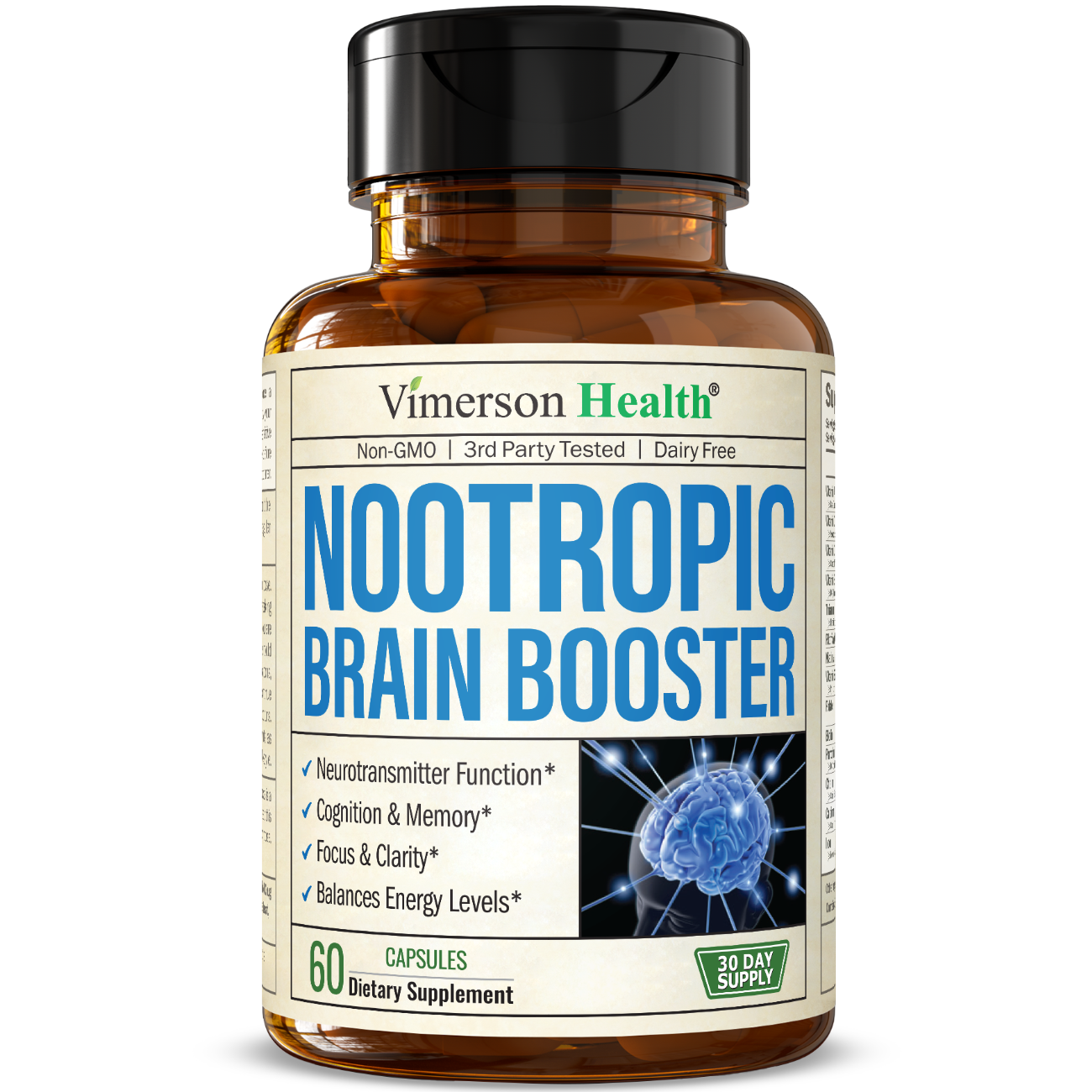 Nootropics Brain Support Supplement - Nootropic Brain Booster for Improved Focus, Concentration & Memory. Brain Nootropic for Brain Health, Mood & Energy Support. Non-GMO. Made in the USA. 60 Capsules