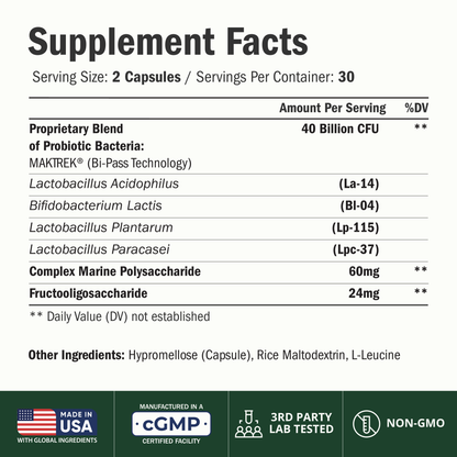 Probiotics for Women & Men, 40 Billion CFU Prebiotics for Gut Health 60 Ct  - 75 MAKTREK® Bi-Pass Technology with 4 Probiotic Strains & Prebiotics for Digestive Health & Immune Support - Fridge-Free Formula