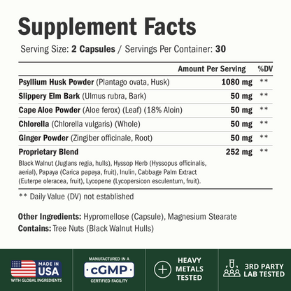 Psyllium Husk Capsules 1080mg – Gentle Psyllium Husk Fiber Capsules for Regularity, Digestive and Gut Health – Daily Fiber Supplement with Slippery Elm and Ginger Root - Non-GMO - 60 Vegan Capsules