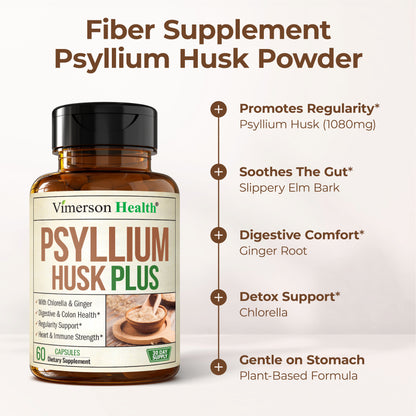 Fiber Supplement with 1080mg Psyllium Husk Powder, Slippery Elm for Women & Men, Ginger Root – High Fiber Pills for Regularity, Digestive & Gut Health – Gentle on Stomach 60 Psyllium Husk Capsules