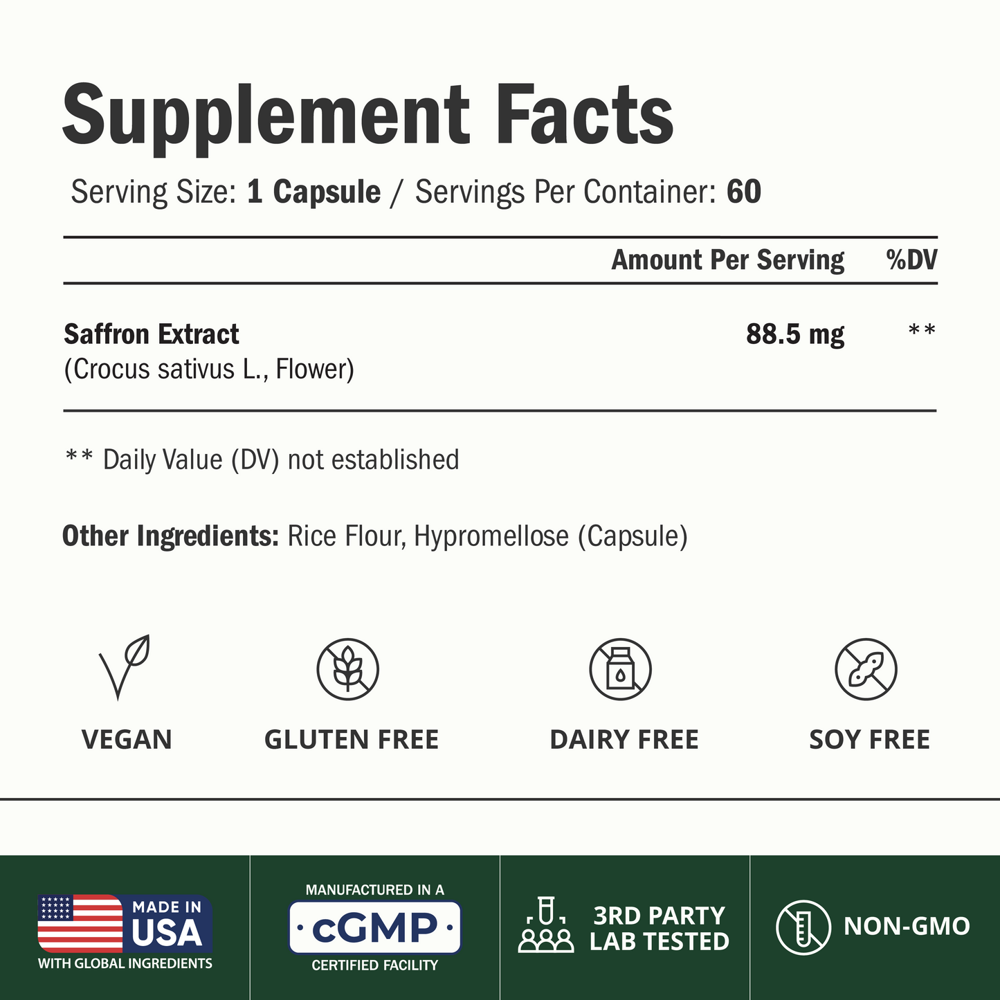Pure Saffron Extract 88.5mg for Mood Support and Eye Health – Third Party Tested (Azafran) Saffron Supplements for Women & Men – Vegan + Non-GMO – 60 Capsules – 2 Months Supply