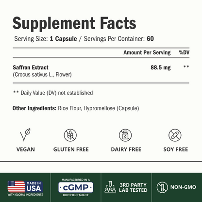 Pure Saffron Extract 88.5mg for Mood Support and Eye Health – Third Party Tested (Azafran) Saffron Supplements for Women & Men – Vegan + Non-GMO – 60 Capsules – 2 Months Supply