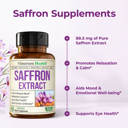 Pure Saffron Supplements for Women & Men w/ 88.5mg Saffron Extract – Mood Support Supplement Plus Eye Health – Azafran Safron Spice Alternative to Gummies or Powder – 60 Vegan Count – 2 Month Supply