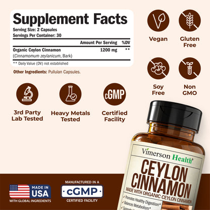 Organic Ceylon Cinnamon Capsules - Ceylon True Cinnamon Supplements (Canela de Ceylan) for Inflammation Balance, Cognitive Function, Metabolic, Antioxidant Support. Non-GMO. Vegan. 60 Caps Made in USA