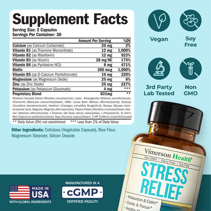 Stress Relief Supplement with 5HTP, Ashwagandha, Valerian, St John’s Wort, GABA, Chamomile & B-Vitamins - Promotes Relaxation, Sleep, Calm & Balanced Mood, Energy & Focus. Vegan, Non-GMO, 60 Capsules