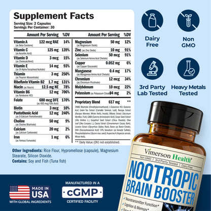 Nootropics Brain Support Supplement - Nootropic Brain Booster for Improved Focus, Concentration & Memory. Brain Nootropic for Brain Health, Mood & Energy Support. Non-GMO. Made in the USA. 60 Capsules