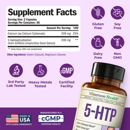 5HTP Serotonin Supplements for Women & Men. Sleep Aid & Occasional Stress Support - 5 HTP Plus Supplement 200 mg with Calcium for Sleep, Calm Mood, & Neurotransmitter Support. 60 Capsules made in USA