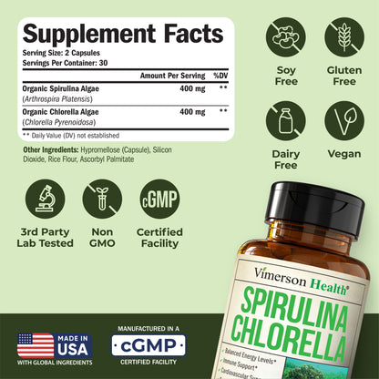 Organic Spirulina and Chlorella Capsules - Spirulina Capsules with Chlorella Powder for Immune, Antioxidant & Energy Support. Nutritious Super Green. Vegan & Non-GMO. Third Party Tested. 60 Caps