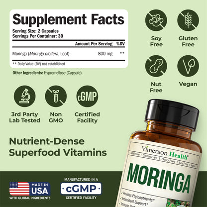 Moringa Capsules with 100% Pure Moringa Powder for Balanced Energy, Healthy Metabolism, Antioxidant & Immune Support. Nutrient-Dense Superfood Vitamins. Vegan. Non-GMO. Third Party Tested. 60 Capsules