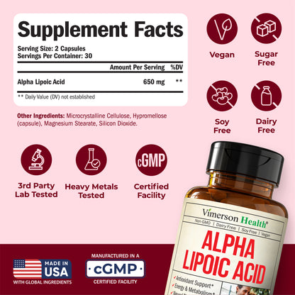 Alpha Lipoic Acid – High Potency 650mg ALA Supplement for Nerve and Brain Health, Antioxidant Support and Healthy Aging Aid – Vegan & Non-GMO – Stronger Than Alpha Lipoic Acid 600mg – 60 Capsules