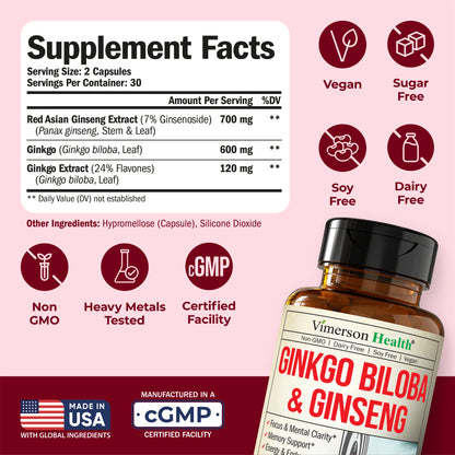 Asian Ginseng and Ginkgo Biloba Supplements – Panax Ginseng Extract 700mg + Ginko Biloba 720mg – Nootropic Brain Supplement for Memory, Focus & Sustained Energy – 60 Easy-to-Swallow Capsules