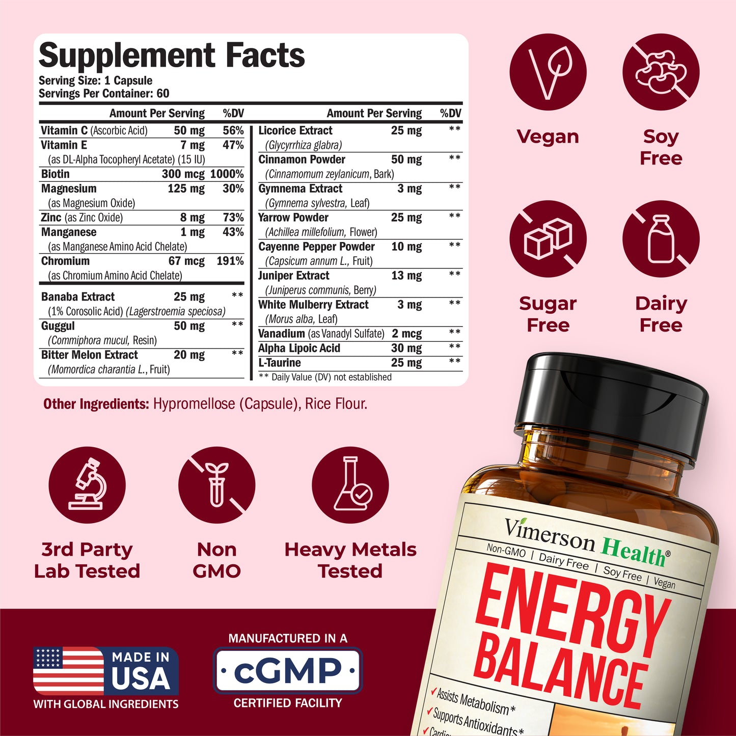 Vanadium with Chromium - Chromium Vanadium Supplement for Caffeine Free Energy and Metabolism Support. With Alpha Lipoic Acid, Cinnamon, Banaba Leaf & Bitter Melon Fruit. Non-GMO. Vegan. 60 Capsules