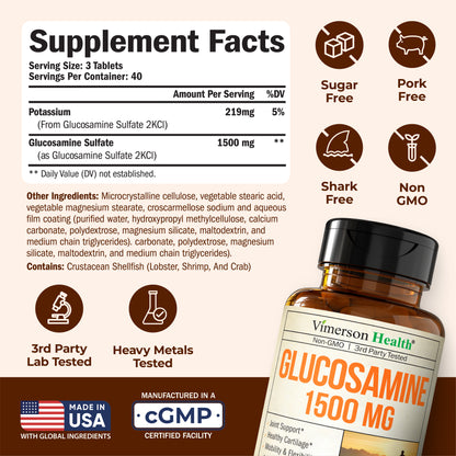 Glucosamine Sulfate 1500mg w/Potassium – FSA Eligible Joint Support Supplement for Cartilage, Bone & Joint Health, Occasional Discomfort Relief for Back, Knees & Hands – Glucosamine Complex 120 Tabs