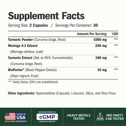 Moringa Capsules – 3-in-1 Turmeric Moringa Supplement with BioPerine (Black Pepper Extract) for Max Absorption – Potent 4:1 Moringa Oleifera Extract + Tumeric for Energy & Joint Support – 60 Capsules