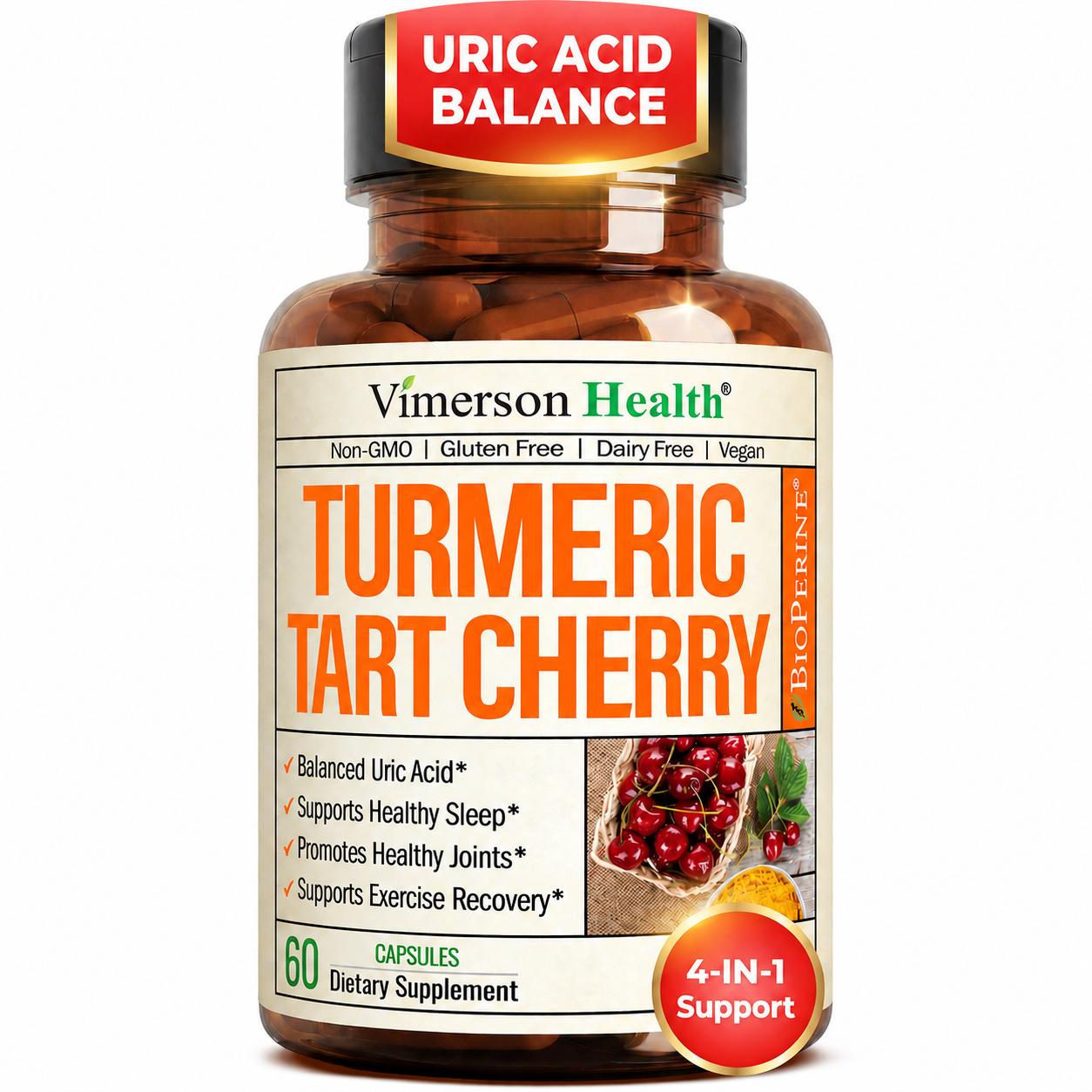 Tart Cherry Capsules – 4-in-1 Turmeric Tart Cherry Supplement for Uric Acid Balance & Joint Health – 10:1 Tart Cherry Extract Capsules with Celery Seed, Turmeric Curcumin & Black Pepper – 60 Count