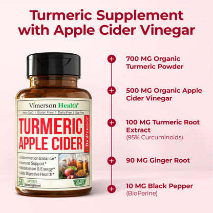 Organic Apple Cider Vinegar with Turmeric Curcumin Supplement & Ginger for Digestive Health, Metabolism, Energy & Joint Support - Organic Turmeric & Apple Cider Vinegar Capsules. 60 Vegan Non-GMO Caps