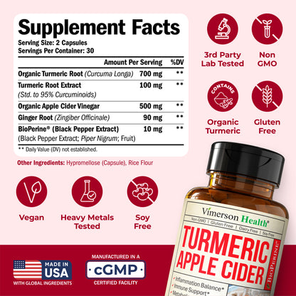 Organic Apple Cider Vinegar with Turmeric Curcumin Supplement & Ginger for Digestive Health, Metabolism, Energy & Joint Support - Organic Turmeric & Apple Cider Vinegar Capsules. 60 Vegan Non-GMO Caps