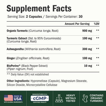 Ashwagandha Capsules for Energy, Mood and Joint Health – All-in-One Formula with Ashwagandha, Turmeric, Ginger Root & Black Pepper for Enhanced Absorption– Ashwagandha for Women & Men – 60 Count