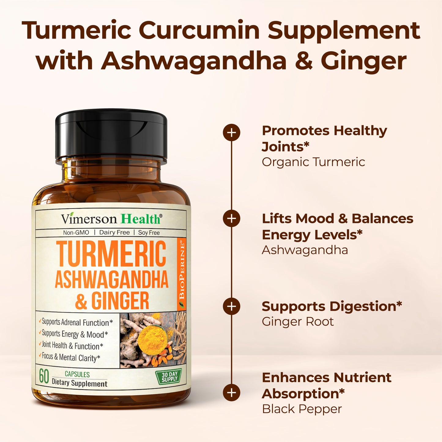 Ashwagandha Organic Turmeric Curcumin Supplement with Ginger Root & Black Pepper – Joint Health, Energy & Immune Support – Antioxidant Blend with 95% Curcuminoids – 60 Capsules