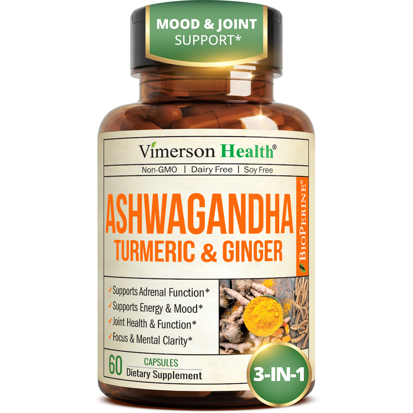 Ashwagandha Capsules with Organic Turmeric Curcumin, Ginger Root & Black Pepper – Daily Stress Relief Support, Joint Health, Energy & Mood Balance – 60 Ashwagandha Capsules for Women & Men