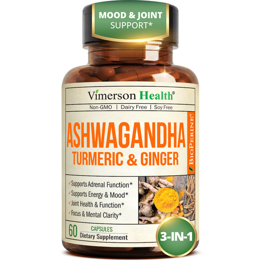 Ashwagandha Capsules with Organic Turmeric Curcumin, Ginger Root & Black Pepper – Daily Stress Relief Support, Joint Health, Energy & Mood Balance – 60 Ashwagandha Capsules for Women & Men