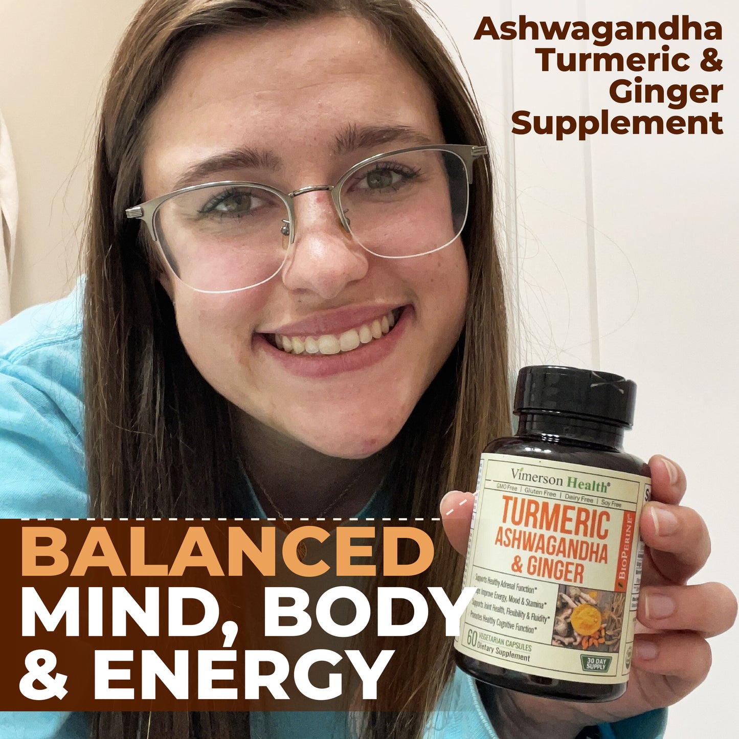 Ashwagandha Organic Turmeric Curcumin Supplement with Ginger Root & Black Pepper – Joint Health, Energy & Immune Support – Antioxidant Blend with 95% Curcuminoids – 60 Capsules