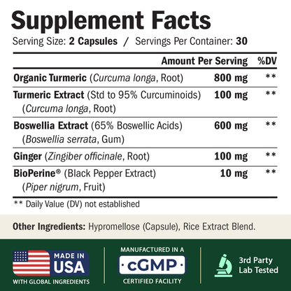 Boswellia Serrata Turmeric Supplement for Joint Support & Inflammation Balance – Turmeric Boswellia Supplement with Ginger & Black Pepper Extract for Enhanced Absorption – Non-GMO - 60 Capsules