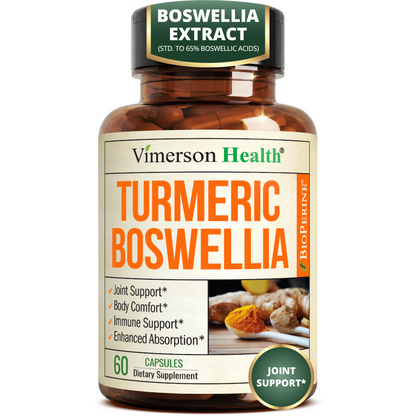 Turmeric Boswellia Supplement w/Ginger – Gut Friendly Joint Supplement 60Ct Boswellia Serrata (65% boswellia extract) + Turmeric Curcumin (95% curcuminoids) + BioPerine | Inflammation Supplements