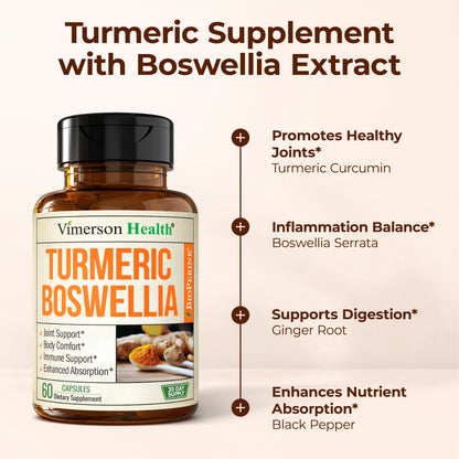 Turmeric Curcumin Supplement with Boswellia Serrata, Ginger, Organic Turmeric Powder & Bioperine for Max Absorption - 95% Curcuminoids Turmeric Supplement - Tumeric Boswellia Extract Capsules 2-Pack